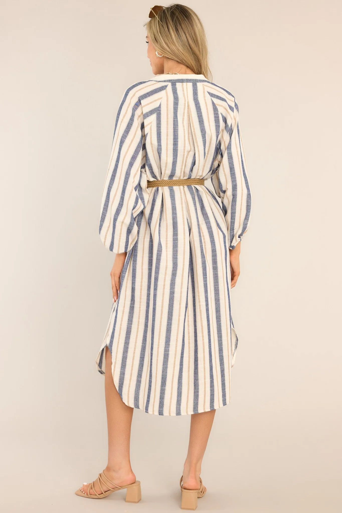 Coastal Charm Dusty Blue Stripe Midi Dress