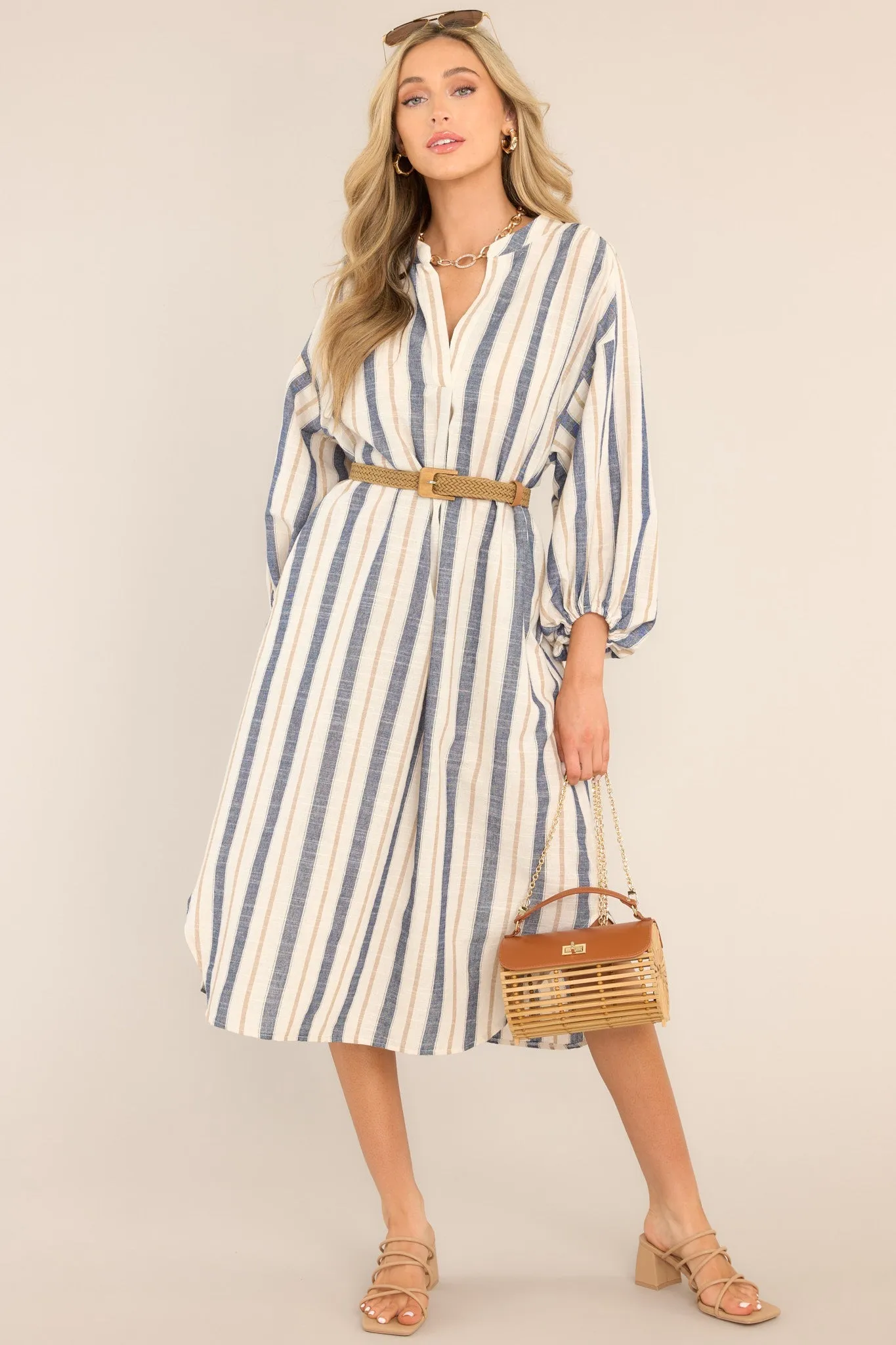 Coastal Charm Dusty Blue Stripe Midi Dress