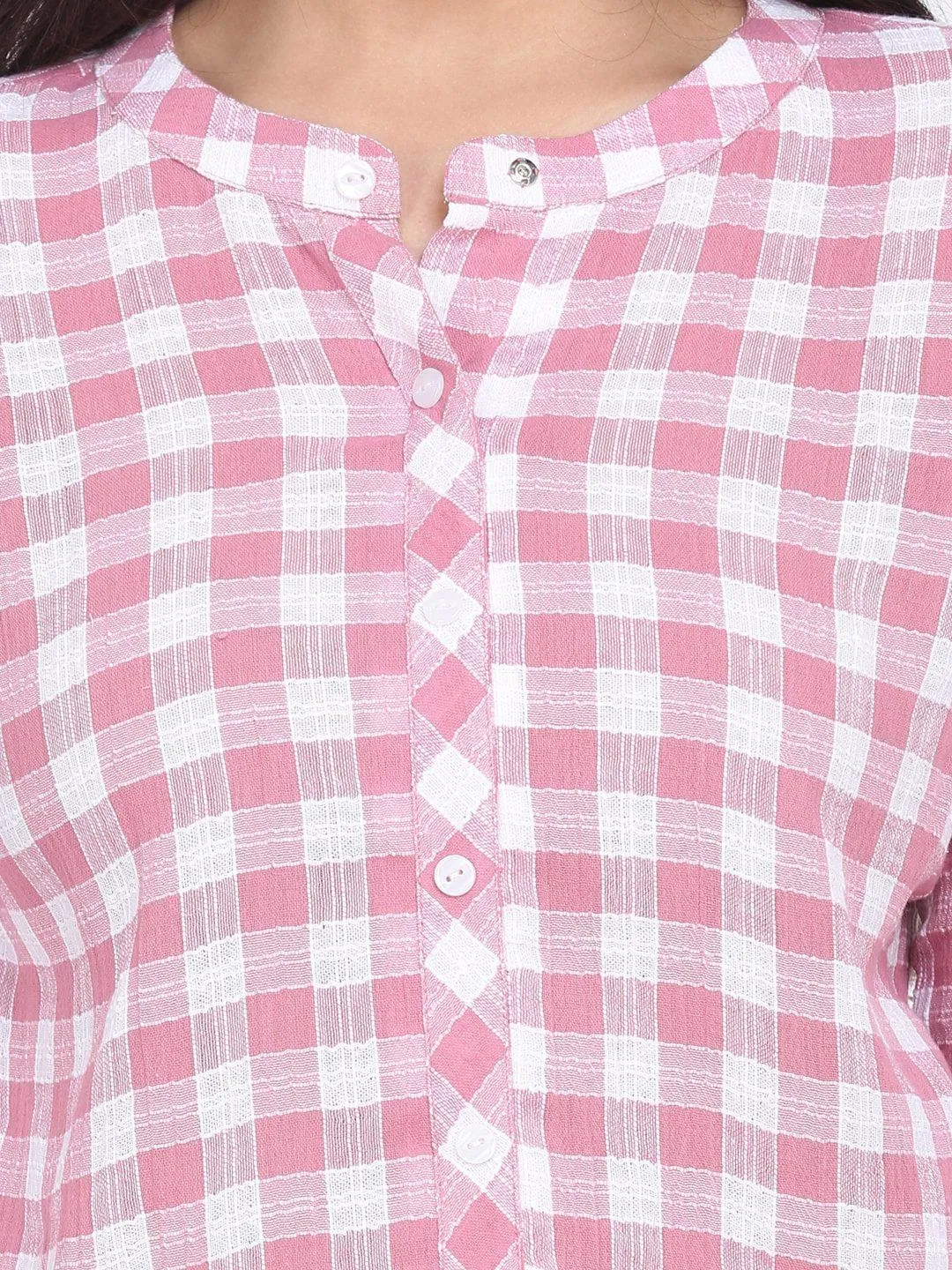 Cotton Checkered Mandarin Collar Top - Pink