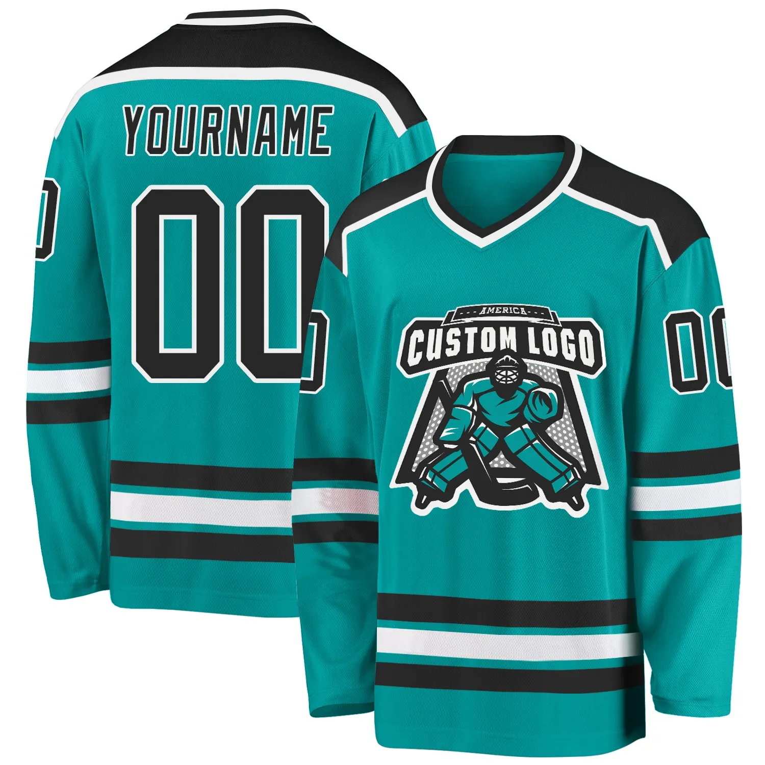 Custom Aqua Black-White Hockey Jersey