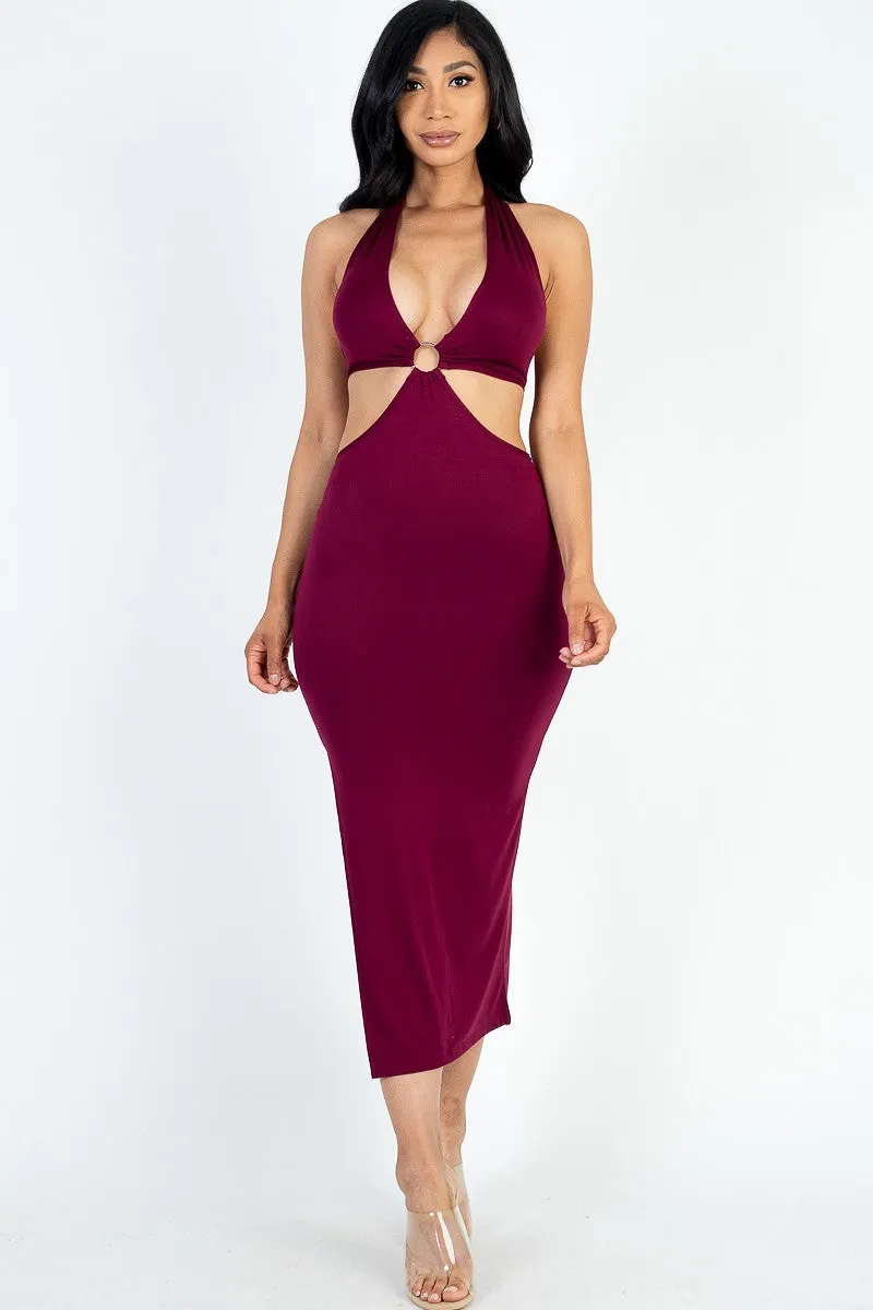 Cut-out Halter Neck Double Back Tie Split Thigh Midi Dress