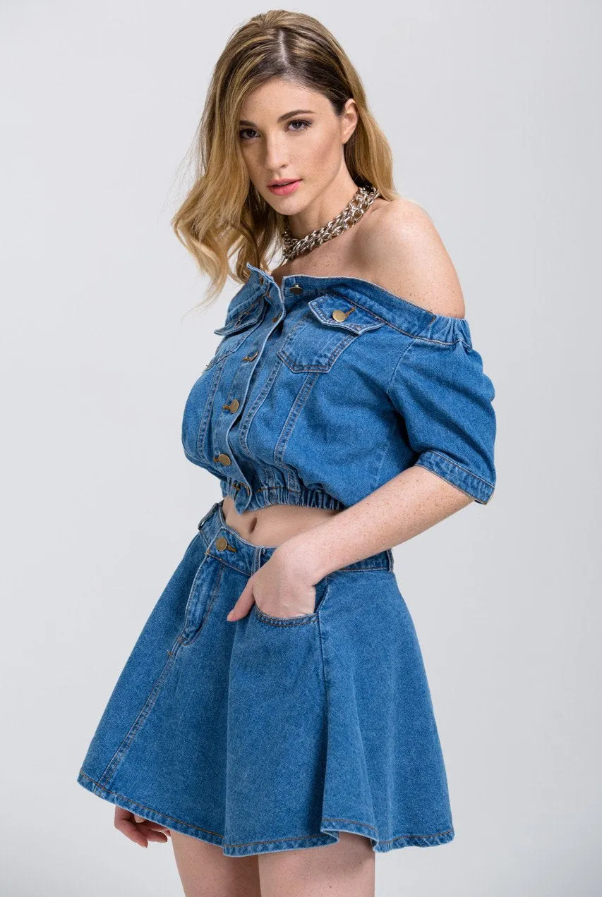 Denim Off the Shoulder Button Up Top and Mini Skirt Set