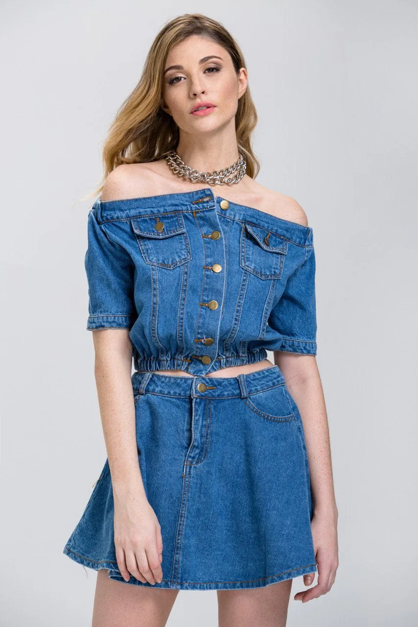 Denim Off the Shoulder Button Up Top and Mini Skirt Set