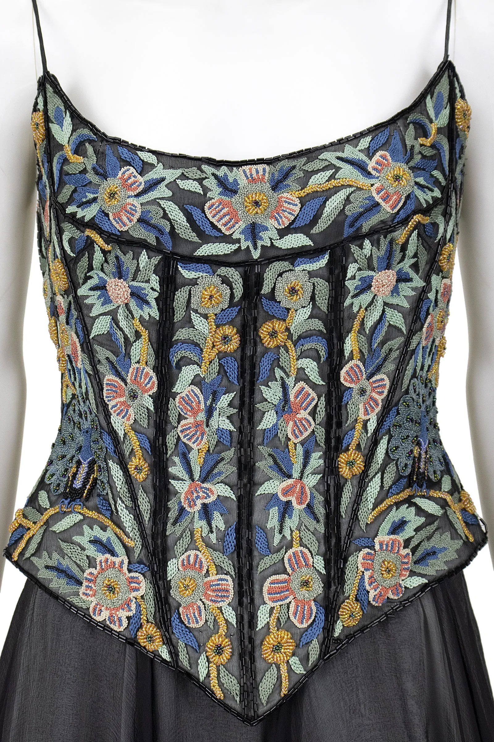 EAVIS & BROWN 1990s Floral & Peacock Corset, Chiffon Skirt