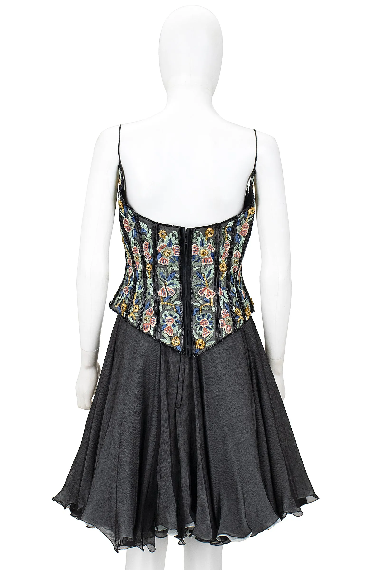 EAVIS & BROWN 1990s Floral & Peacock Corset, Chiffon Skirt