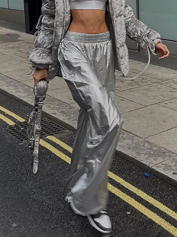 Elastic Waist Pleated Silver Long Pants