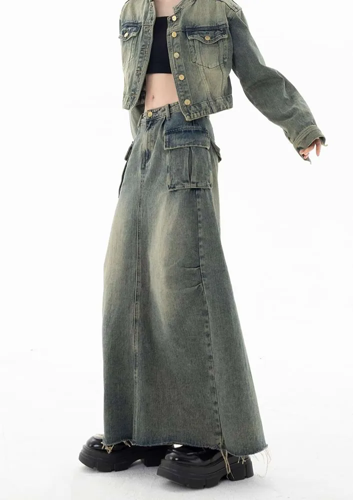 Faded Pocketed Denim Maxi Skirt