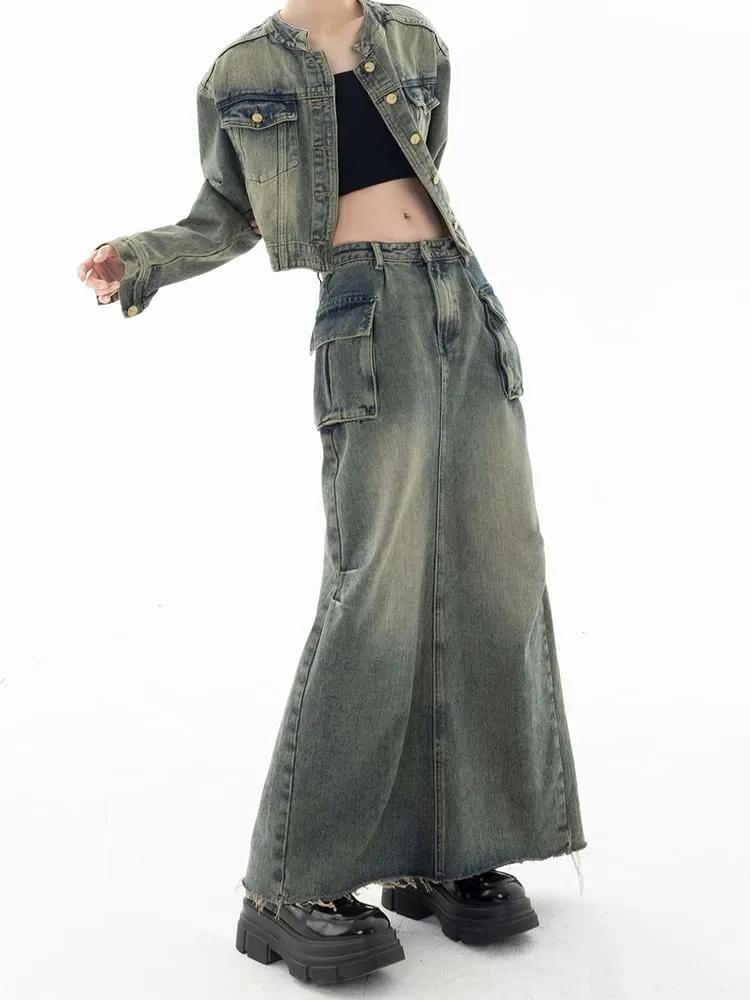 Faded Pocketed Denim Maxi Skirt