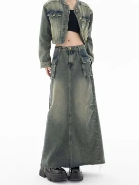 Faded Pocketed Denim Maxi Skirt