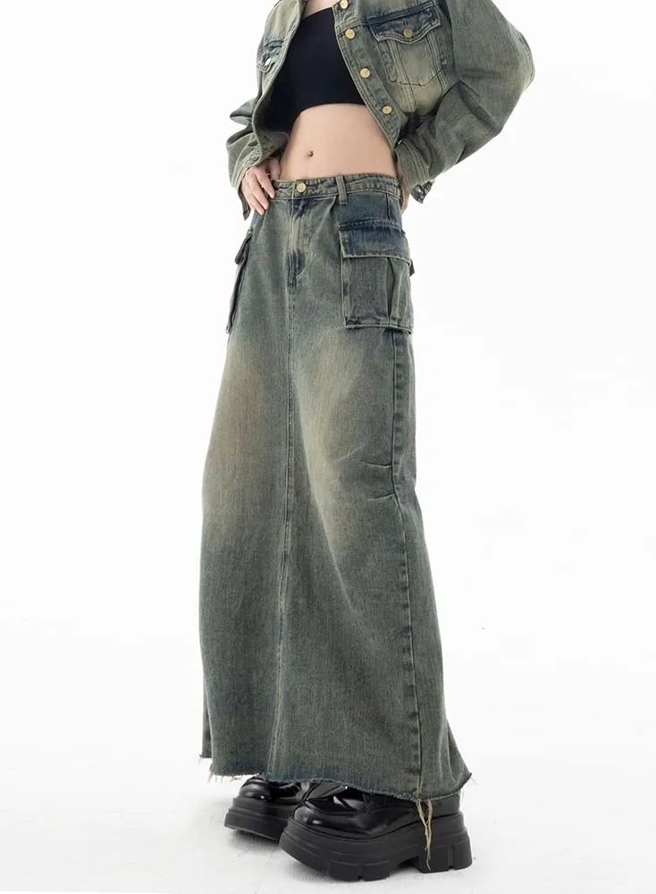 Faded Pocketed Denim Maxi Skirt