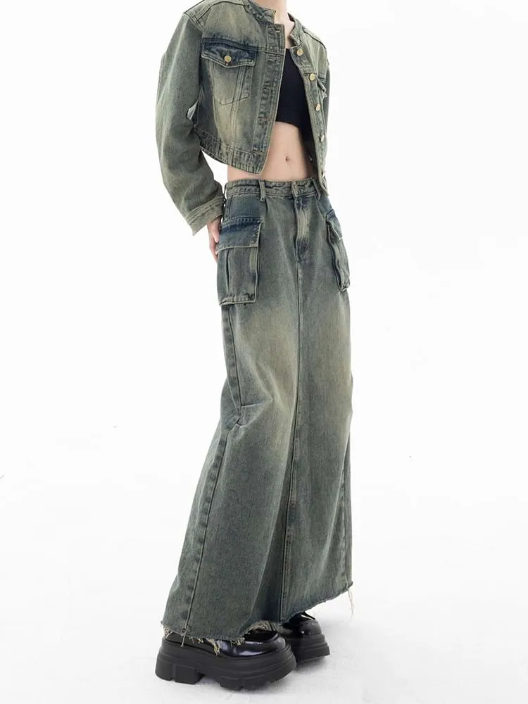 Faded Pocketed Denim Maxi Skirt