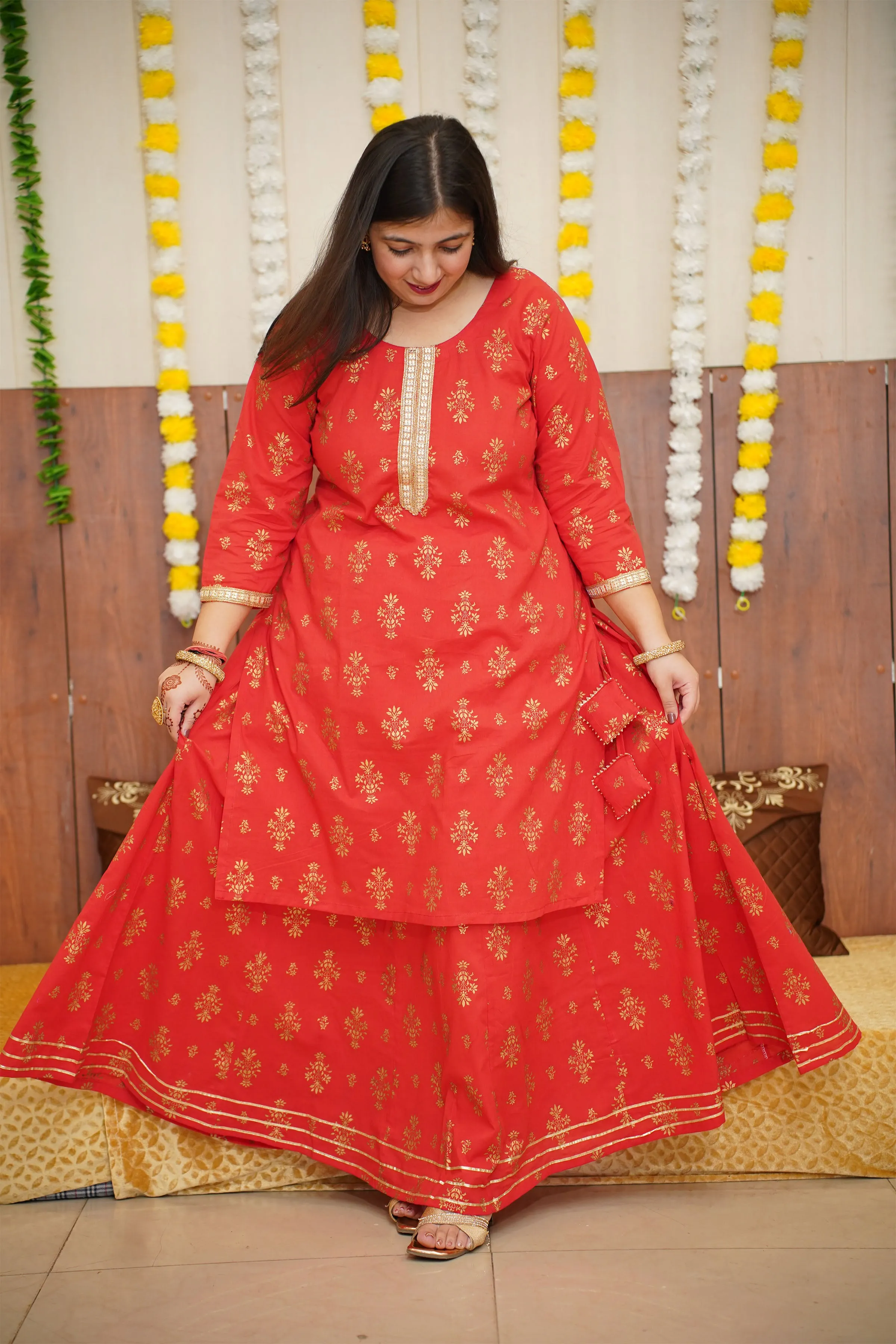 Festive Red Foiled Skirt Suit