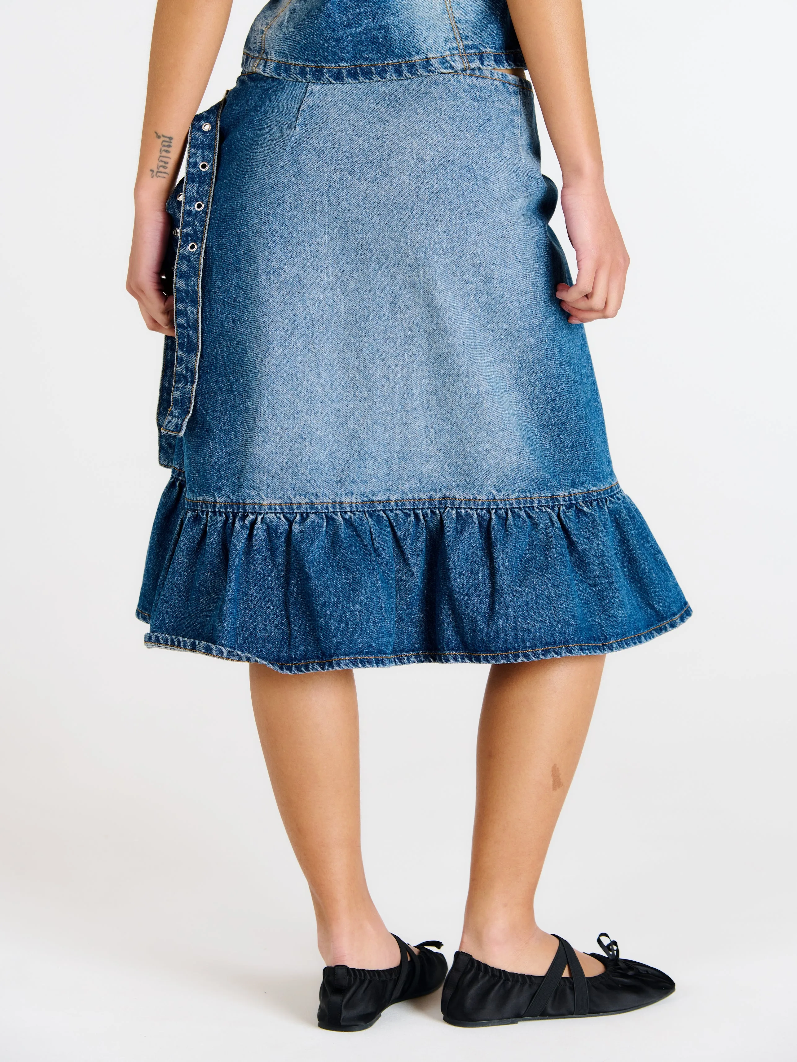 Gail Buckle Denim Wrap Skirt