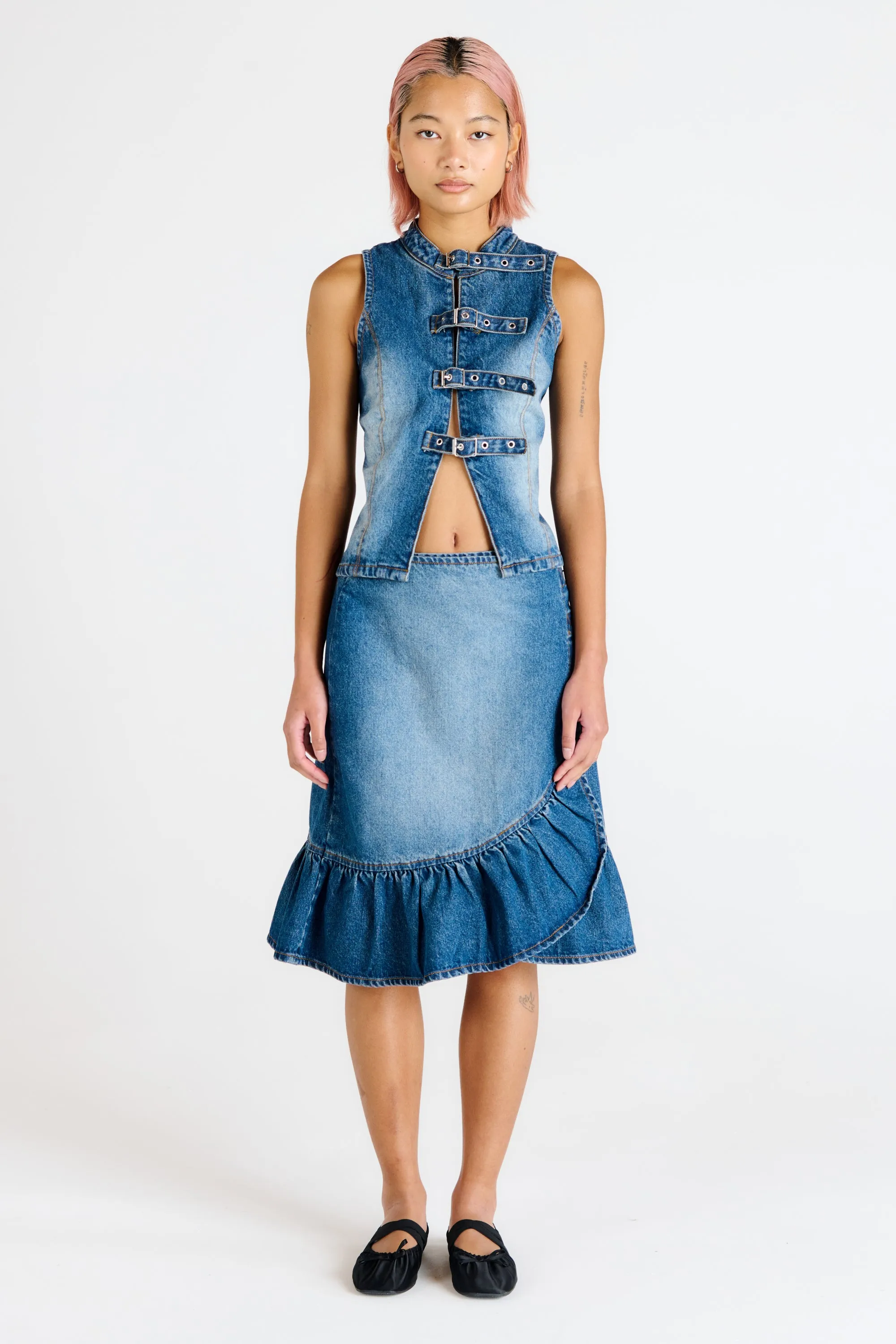 Gail Buckle Denim Wrap Skirt