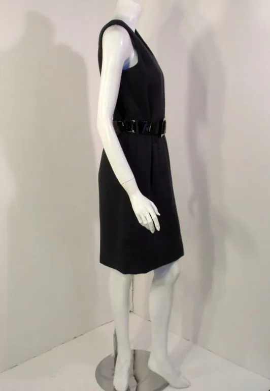 GEOFFREY BEENE 1960s Gray Wool Shift Dress, Black Belt