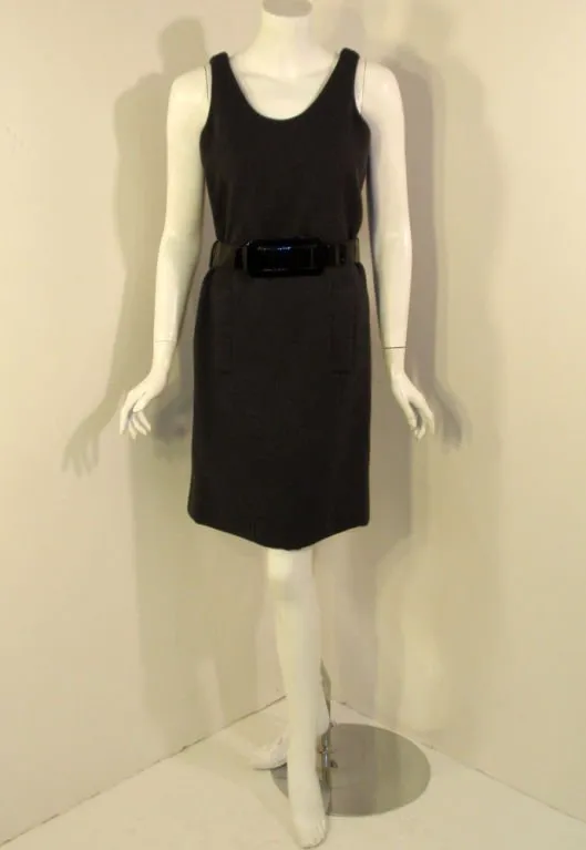 GEOFFREY BEENE 1960s Gray Wool Shift Dress, Black Belt