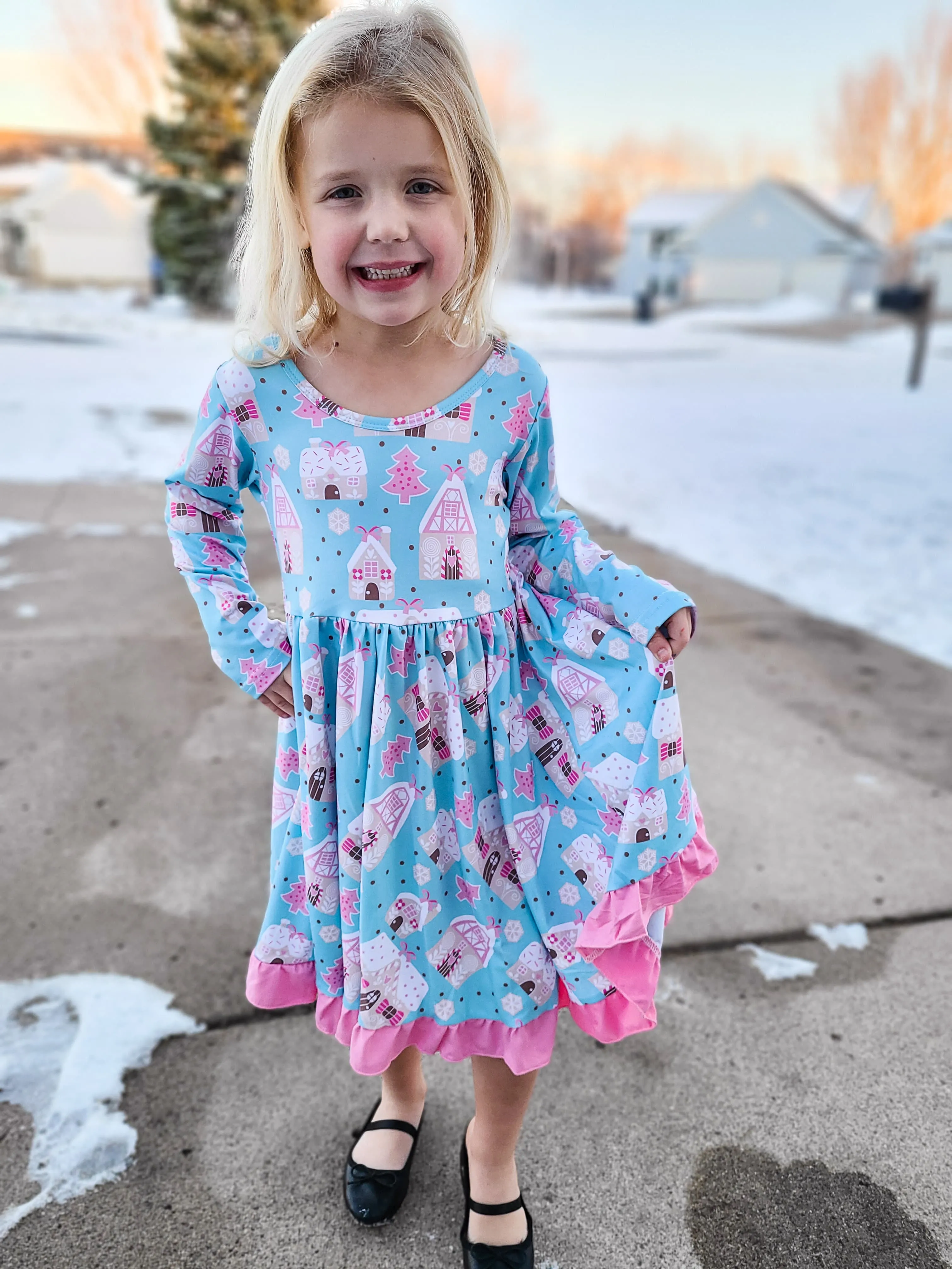 GINGERBREAD HOUSE PINK RUFFLE TWIRL DRESS