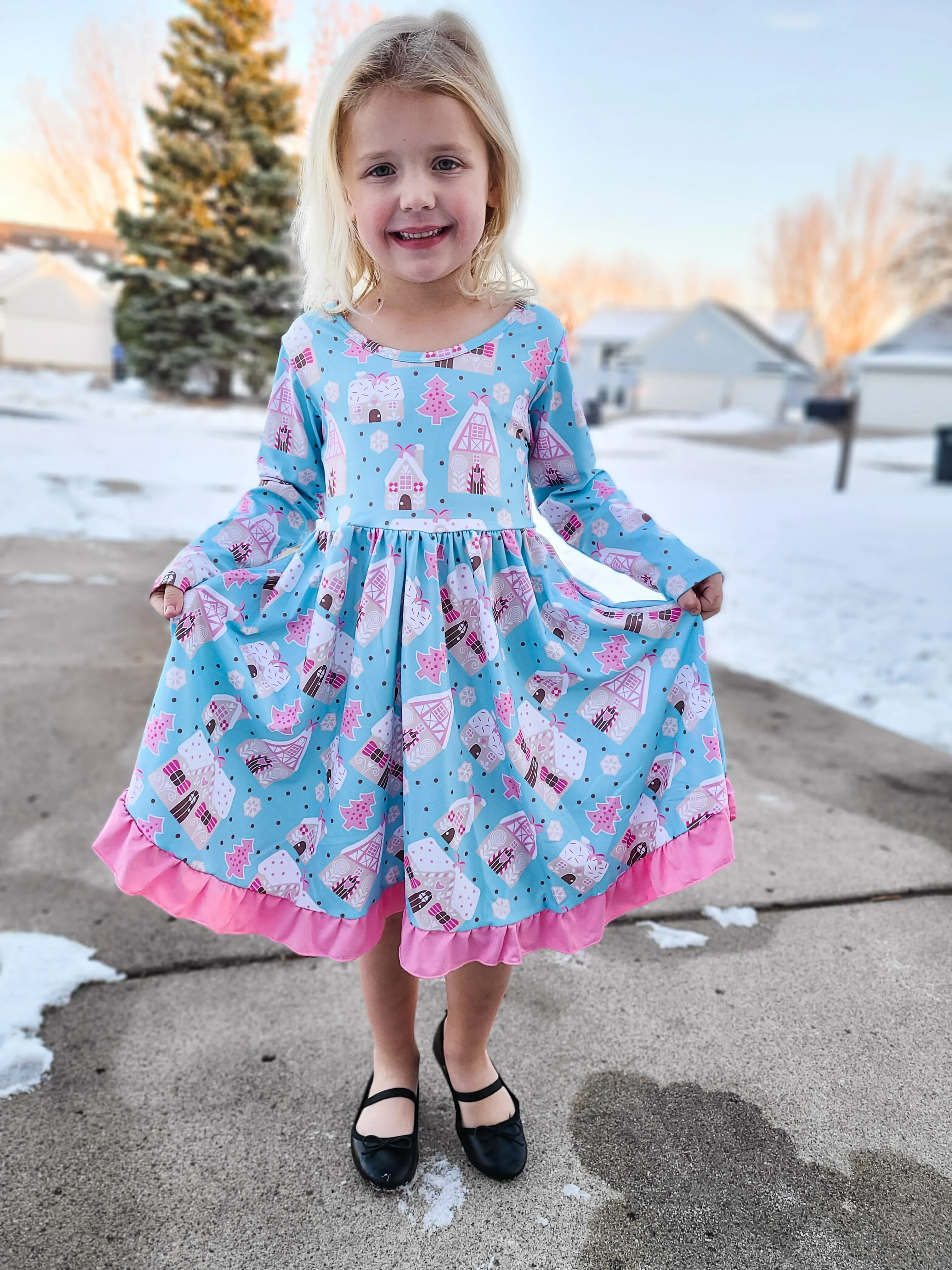 GINGERBREAD HOUSE PINK RUFFLE TWIRL DRESS