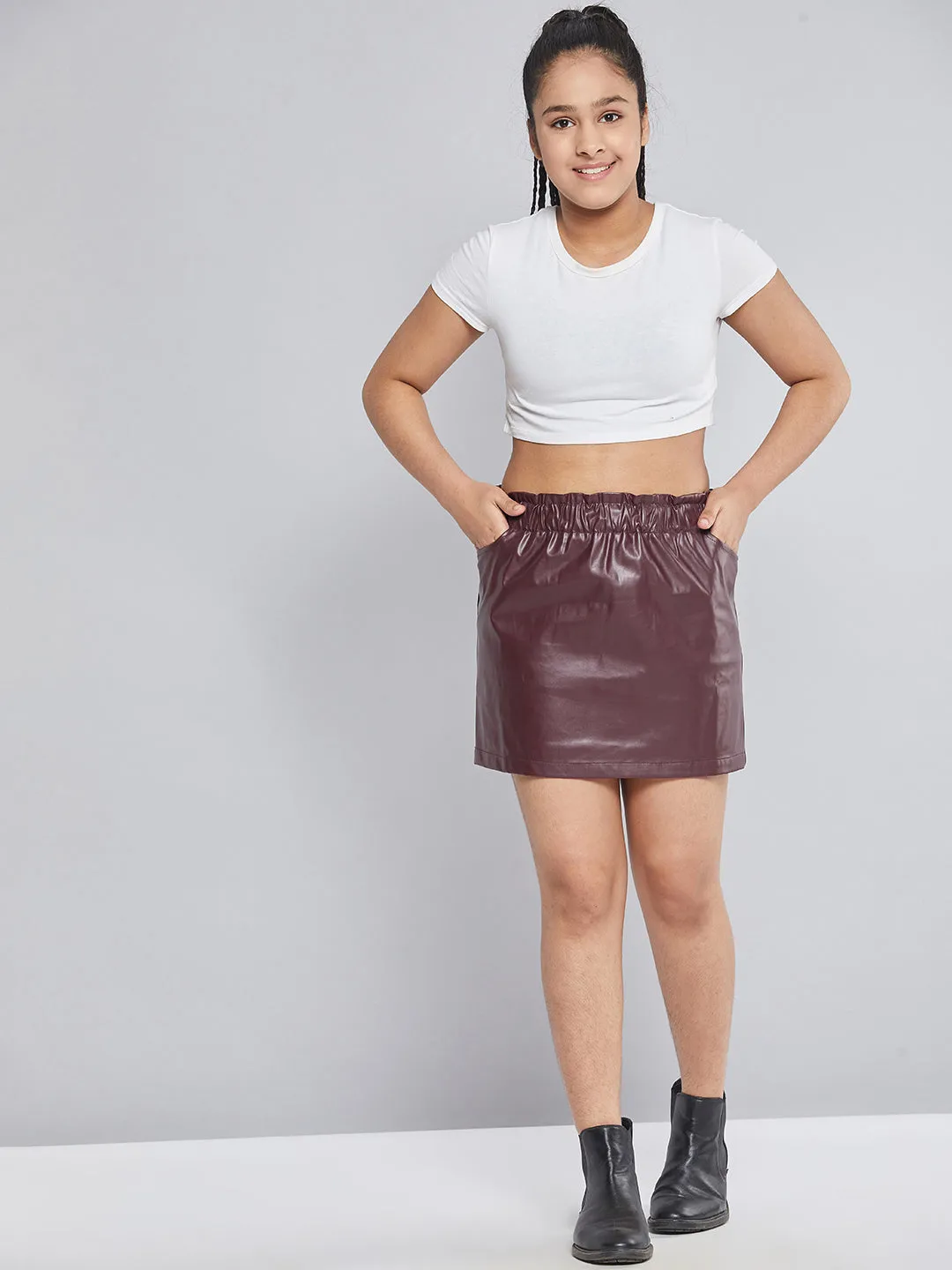 Girls Maroon Paperbag Waist Pu Skirt