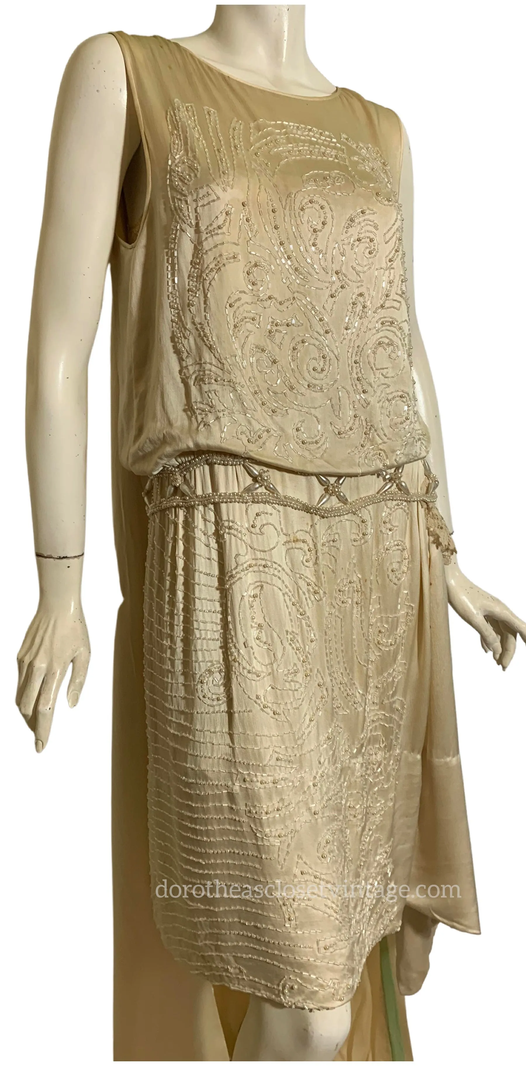 Glamorous Beaded Candlelight Silk Wedding Dress with Court Train, Headpieces, Fan, Shoes and Bible circa 1920s