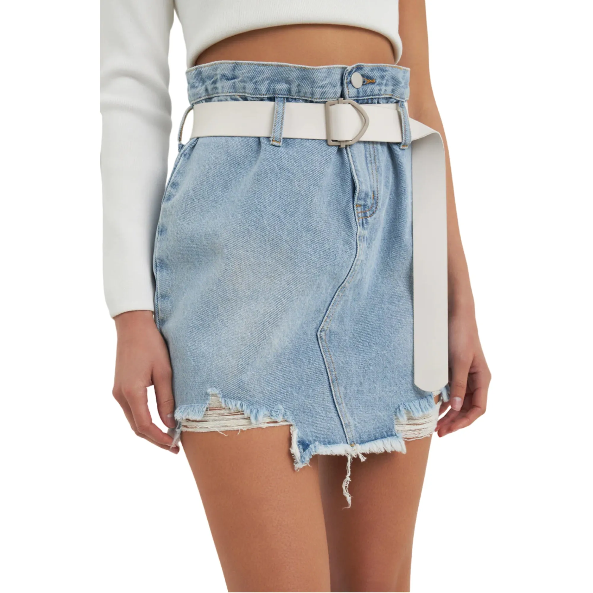 GREY LAB Women's High Rise Belted Frayed Hem Denim Mini Skirt