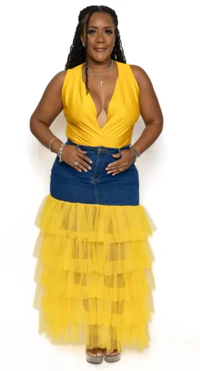 Halle Yellow Denim Tulle Skirt