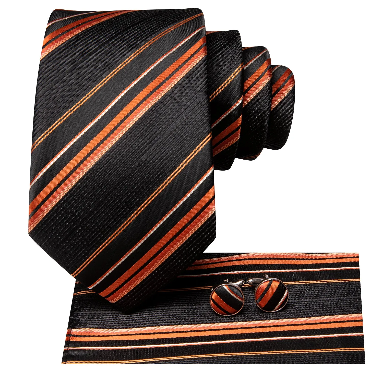 Hi-Tie Black Orange Striped Wedding Tie Pocket Square Cufflinks Set