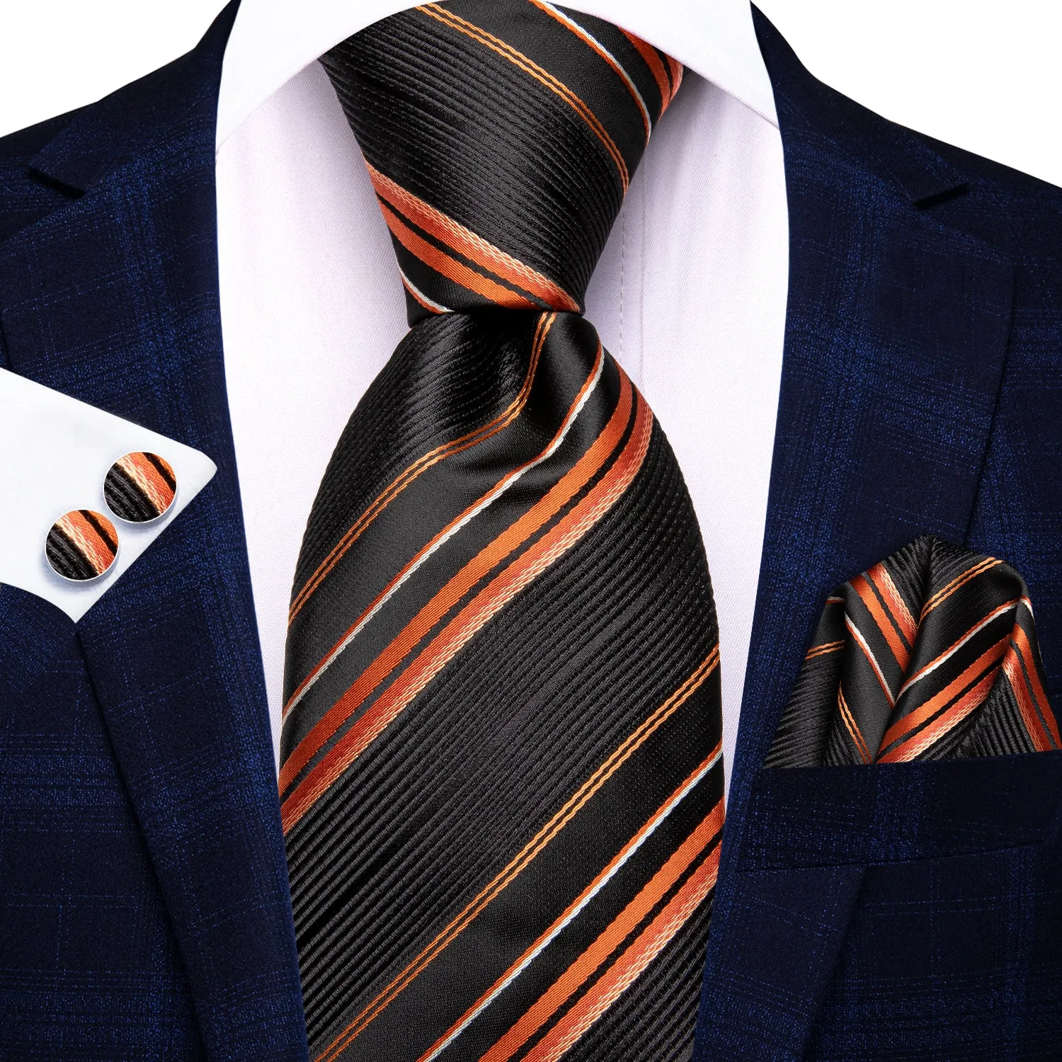 Hi-Tie Black Orange Striped Wedding Tie Pocket Square Cufflinks Set