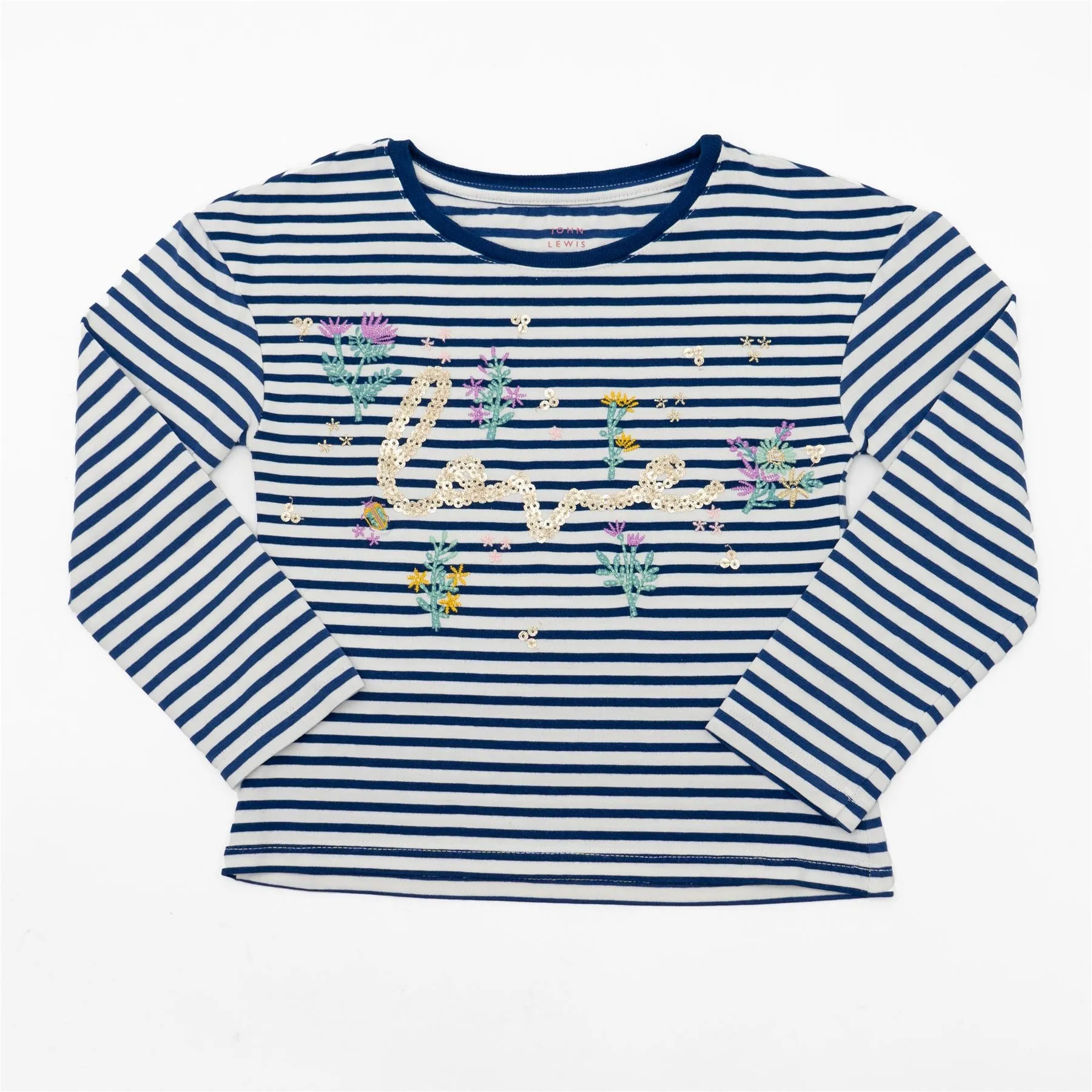 John Lewis Girls Navy Breton Stripe with Sparkle Love Embellishment Long Sleeve Tops