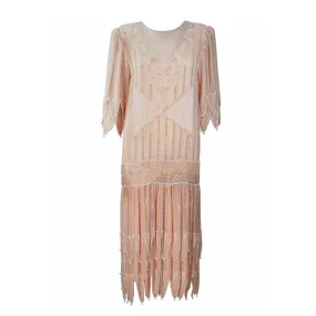 JUDITH ANN CREATIONS 1920s Style Silk Peach Beaded Flapper Dress