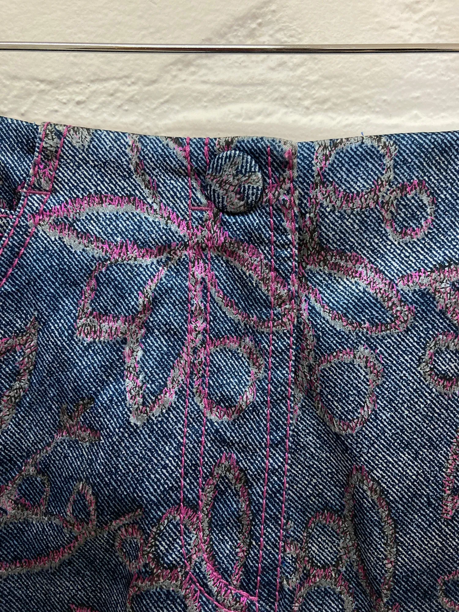 Julien Macdonald blue and pink floral embroidered denim print skirt - size 38