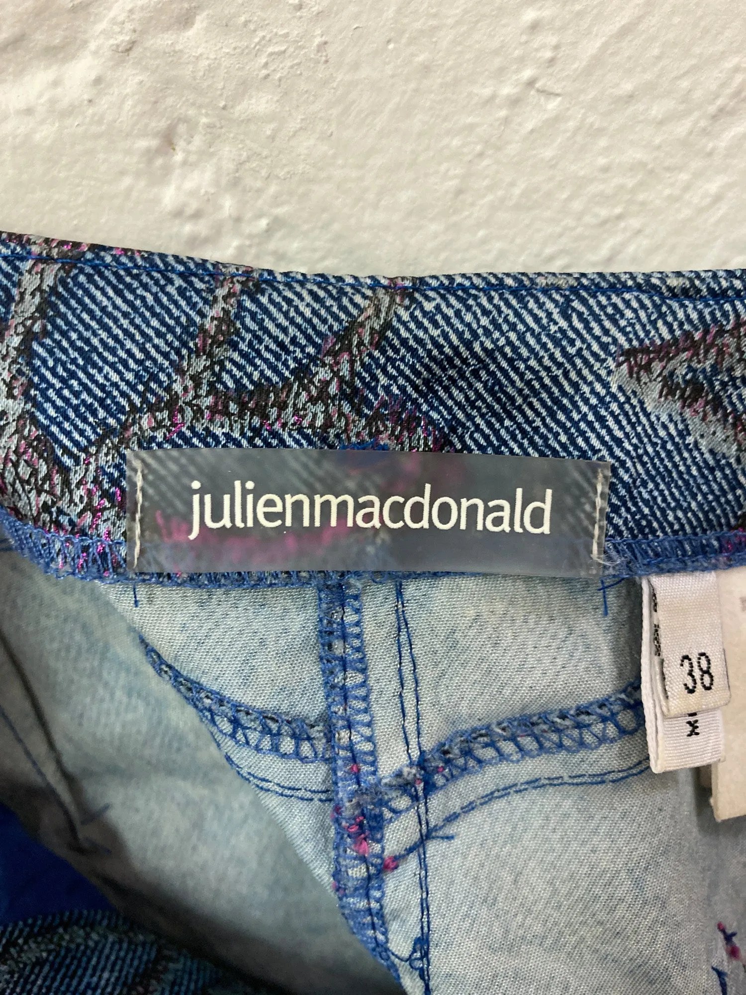 Julien Macdonald blue and pink floral embroidered denim print skirt - size 38