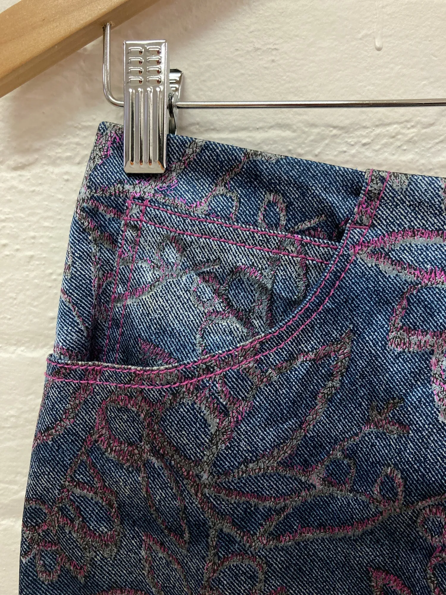 Julien Macdonald blue and pink floral embroidered denim print skirt - size 38