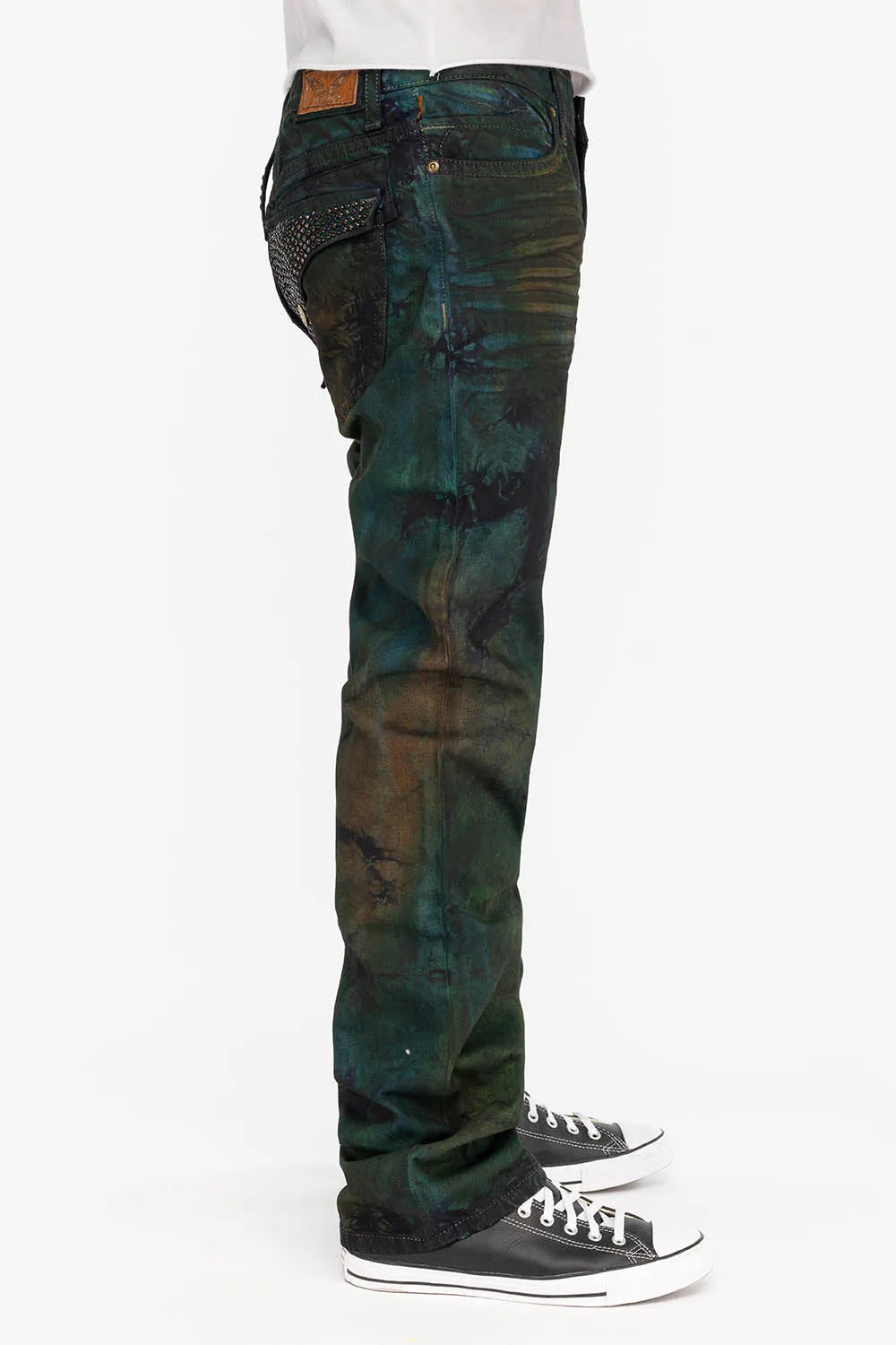 KILLER FLAP STRAIGHT LEG JEANS WITH EMBROIDERY AND CRYSTALS IN TITAN