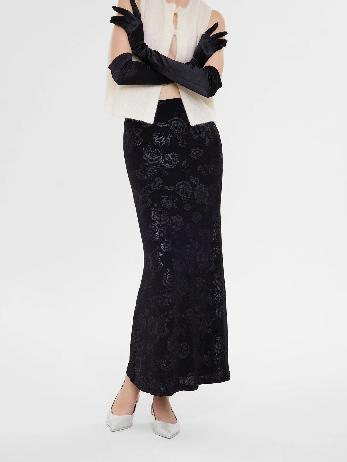 Knitted Floral Pattern Fishtail Long Skirt