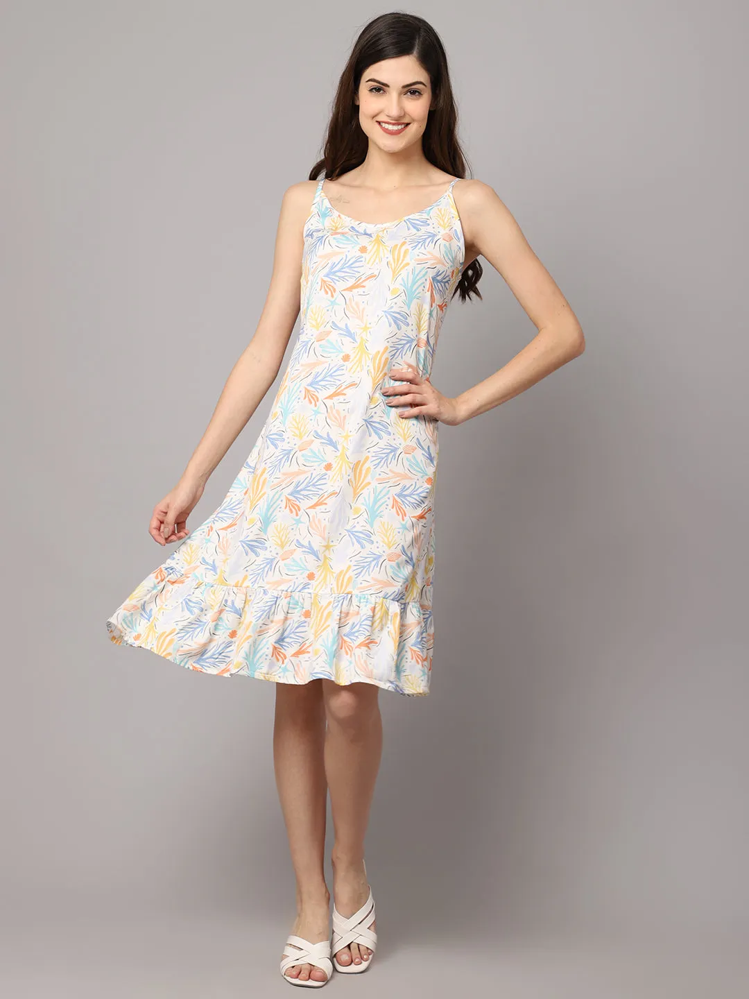 Leaf Print Short Frill Dress - Multicolor