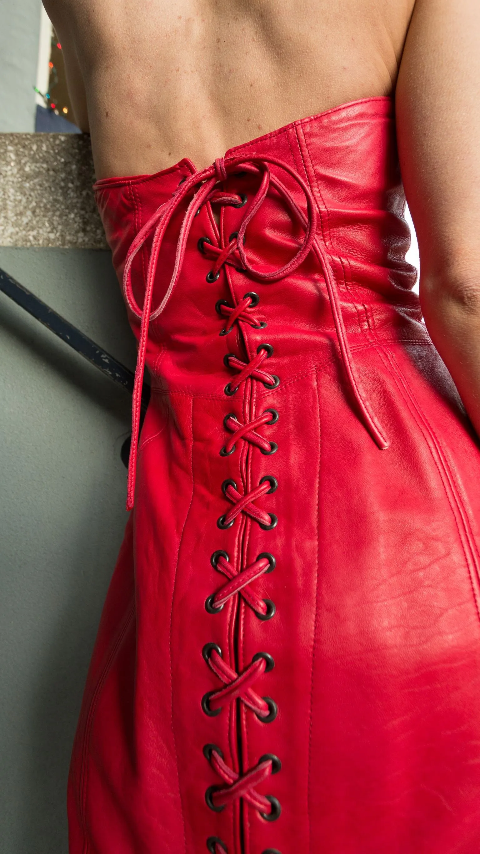 Lipstick Red Leather Lace-up Corset Dress