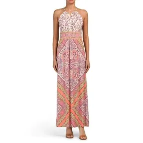 London Times Women's Halter Neck Printed Maxi Dress