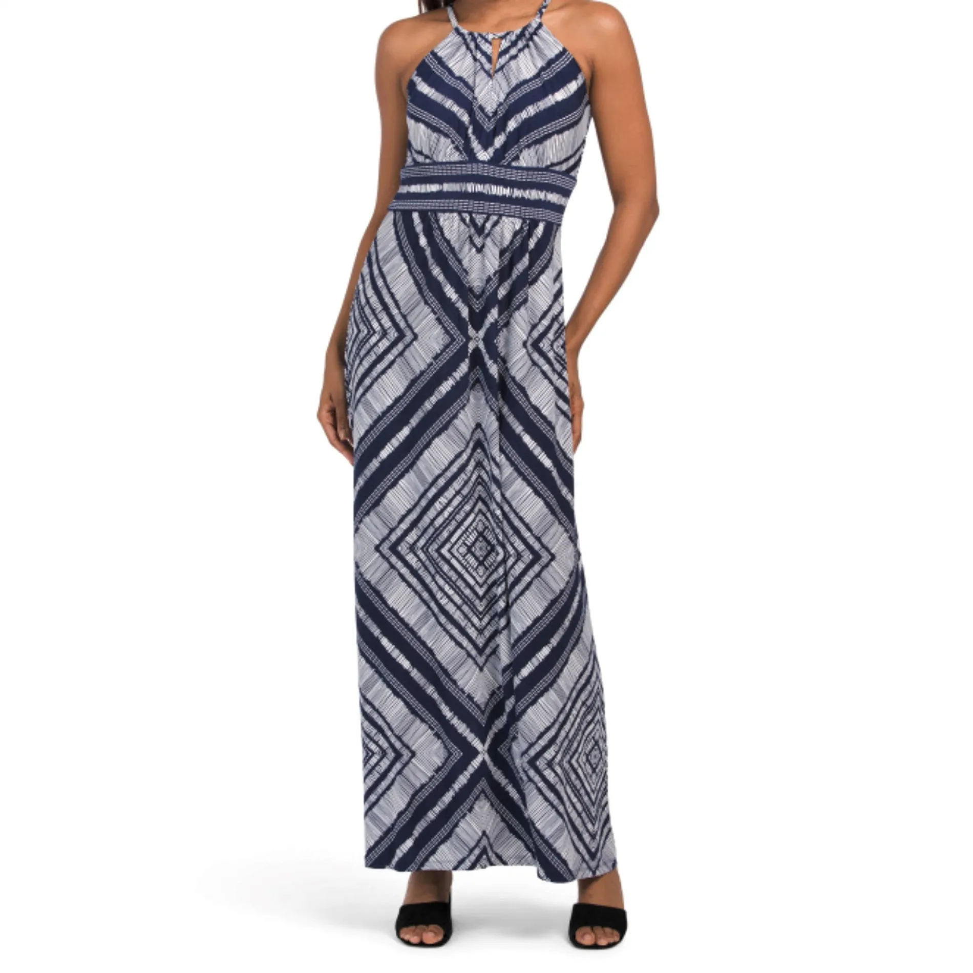 London Times Women's Morris Diamond Basket Printed Keyhole Halter Maxi Dress