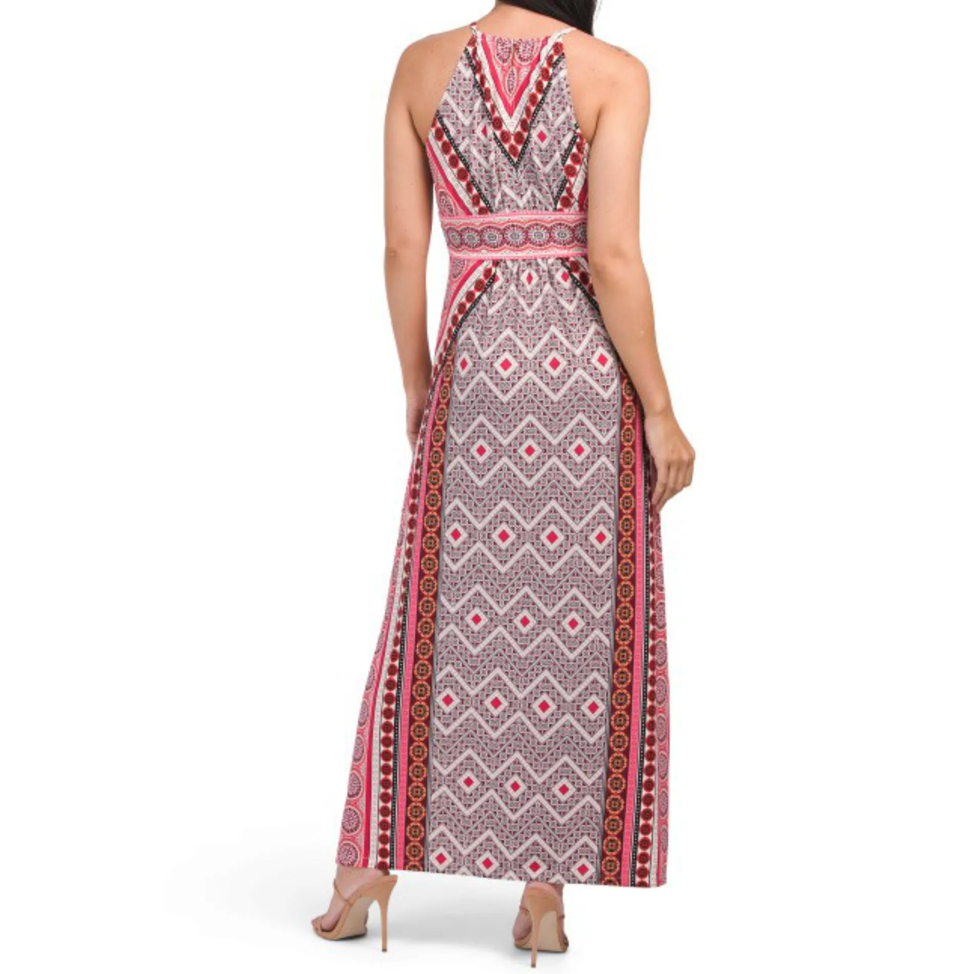 London Times Women's Morris Diamond Basket Printed Keyhole Halter Maxi Dress