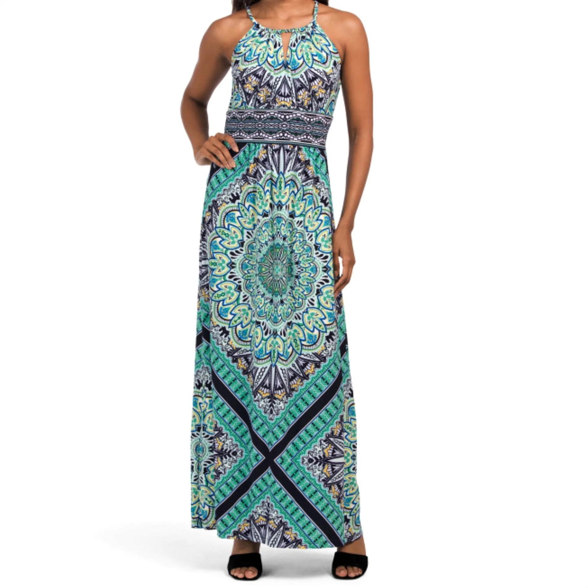 London Times Women's Morris Diamond Basket Printed Keyhole Halter Maxi Dress