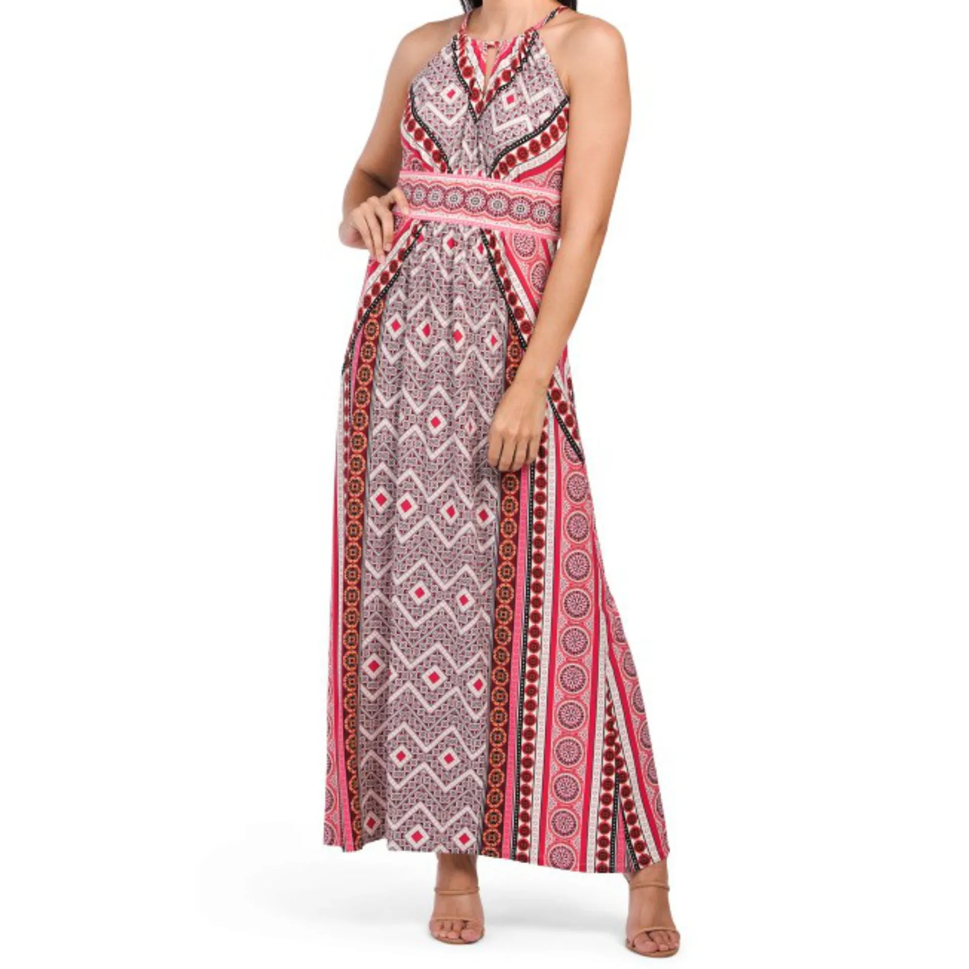 London Times Women's Morris Diamond Basket Printed Keyhole Halter Maxi Dress