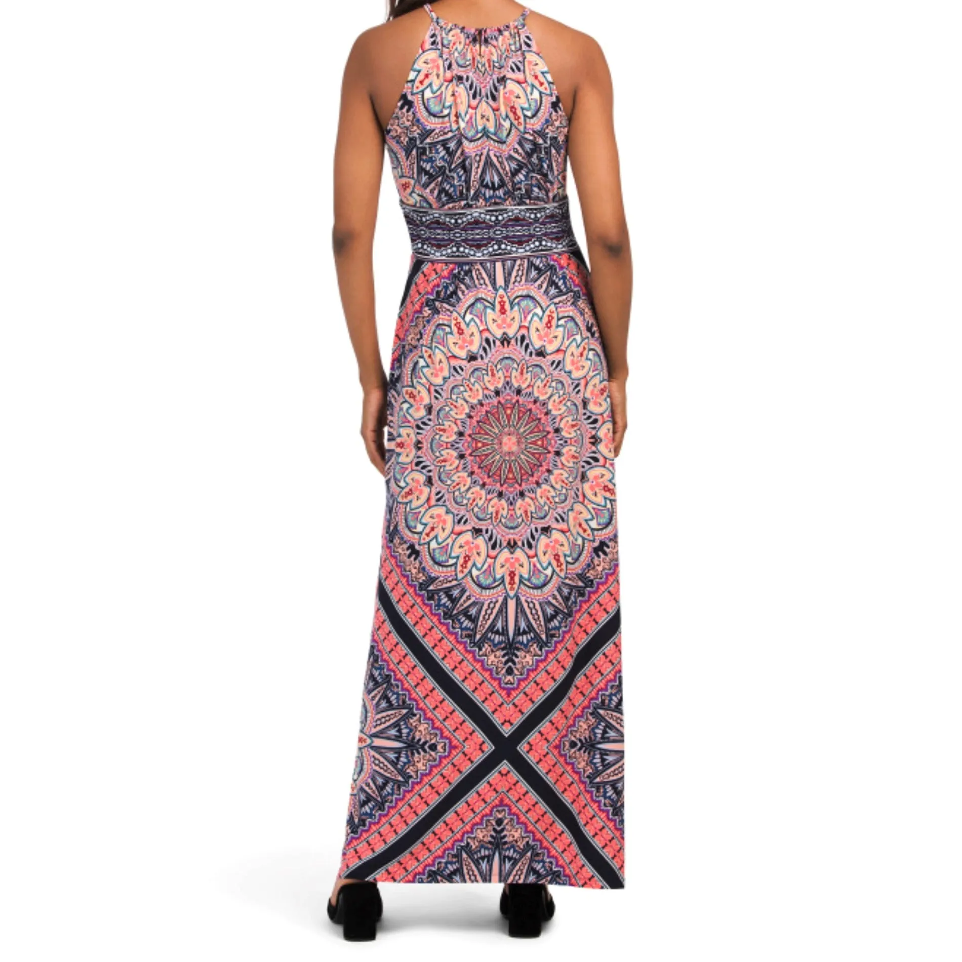 London Times Women's Morris Diamond Basket Printed Keyhole Halter Maxi Dress