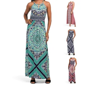 London Times Women's Morris Diamond Basket Printed Keyhole Halter Maxi Dress