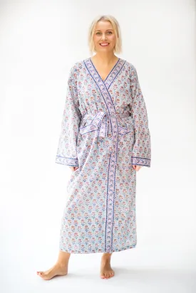 Long Cotton Robe - Soft Blue & Taupe Print