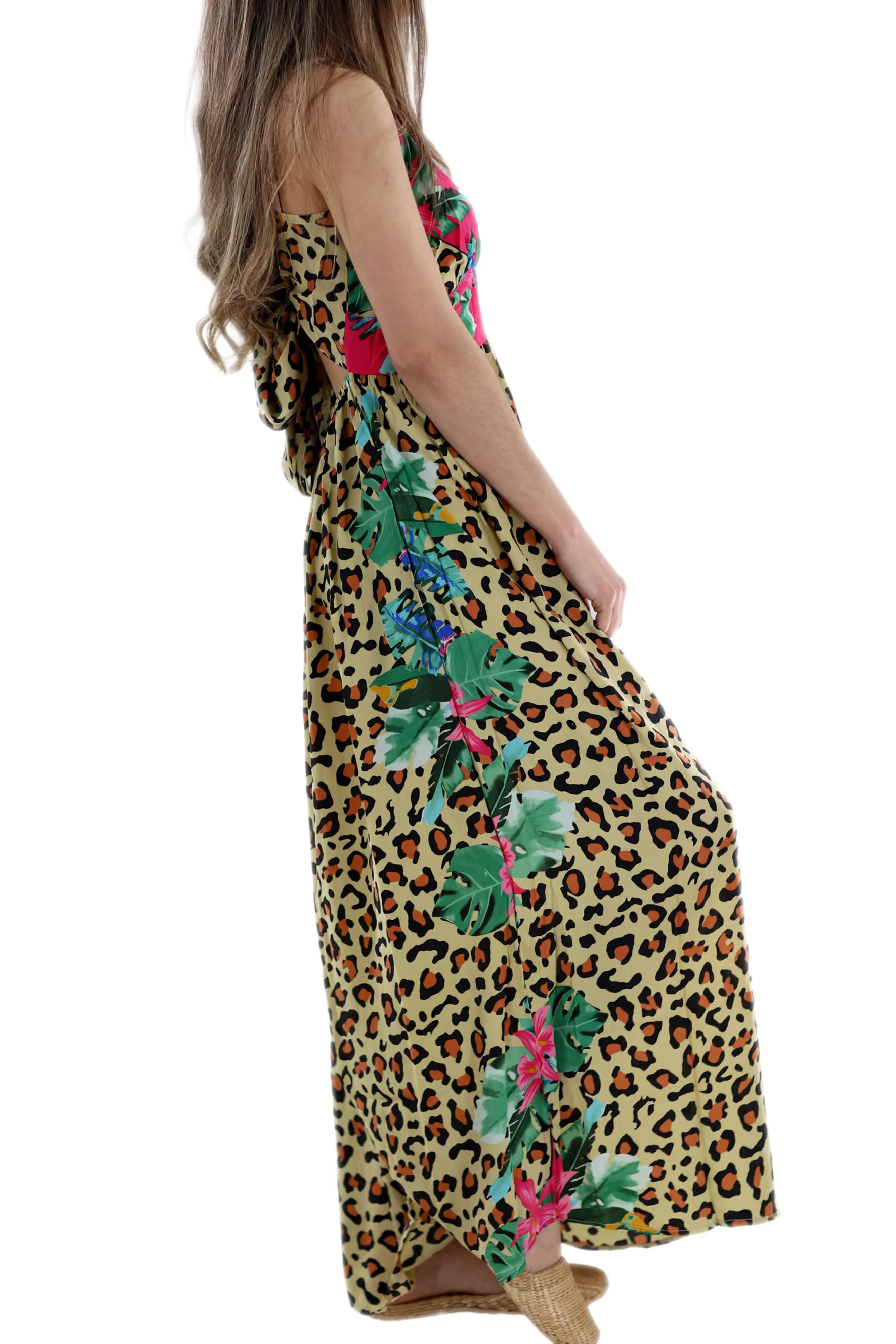 Long Flowy Floral 'Alessandra' Maxi Dress in Leopard