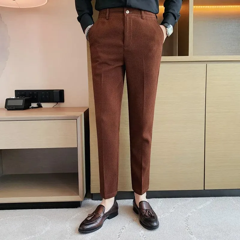 Men's Slim Fit Waffle Dress Pants: High-Quality Fashion Suit Trousers