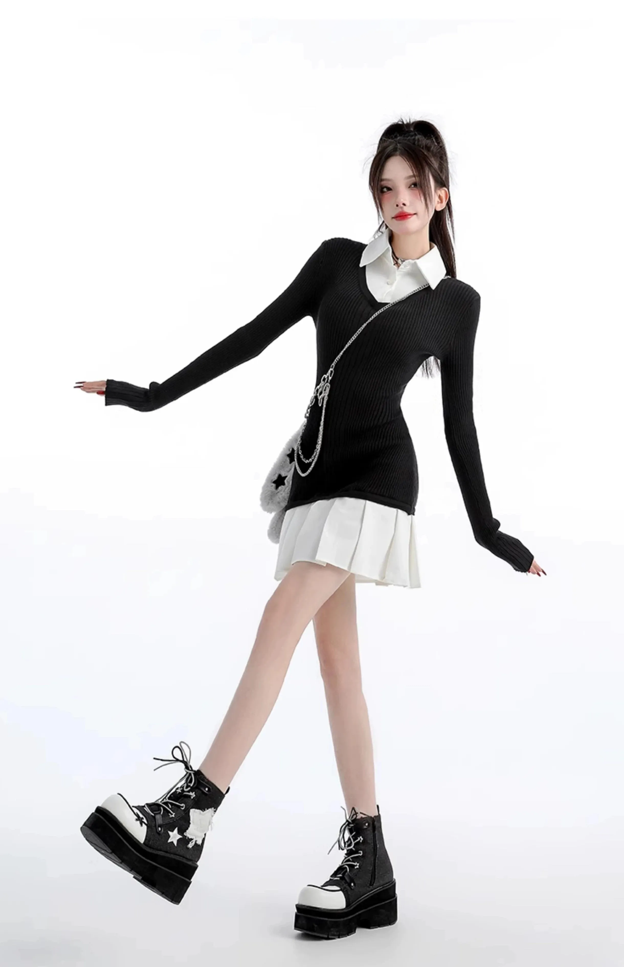 Mock Layered Pleated Hem Long Sleeve Dress