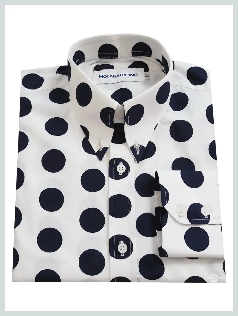 Mod Shirt | Large  White & Navy Blue Polka Dot Shirt For Man