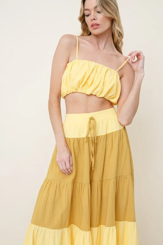 MUSTARD TIERED MIDI SKIRT